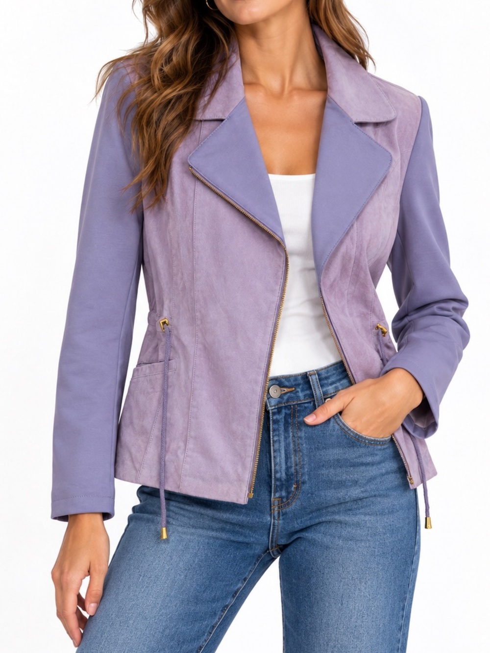 Lavender Genuine Suede Leather Mixed Media Moto Jacket Size M by IMAN